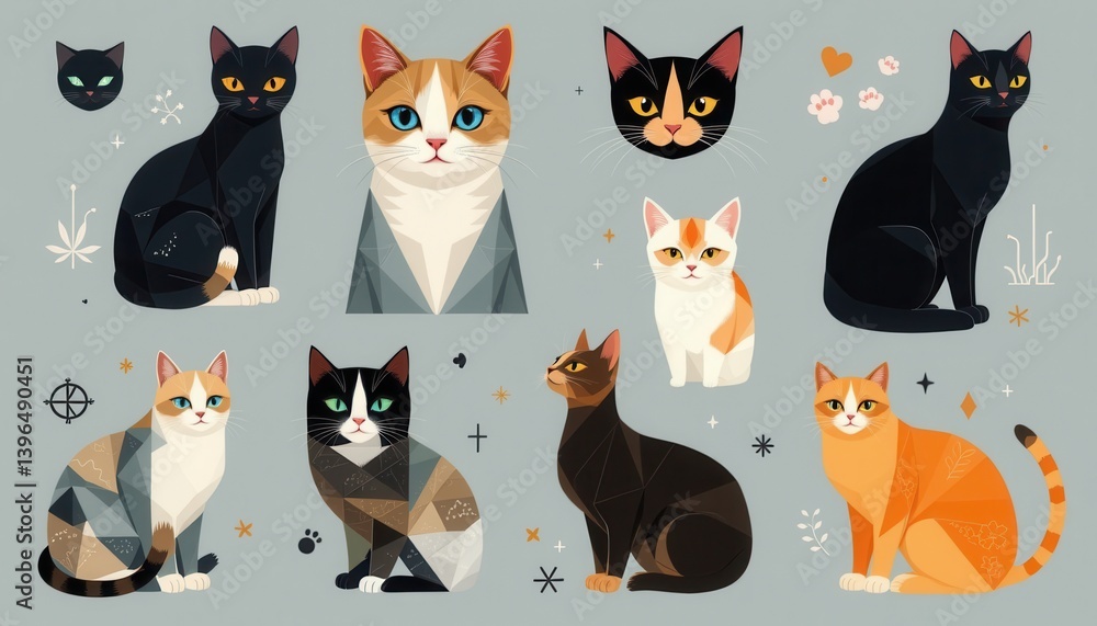 Poster geometric cat patterns a series of cats rendered in geometric shapes and patterns, creating a modern
