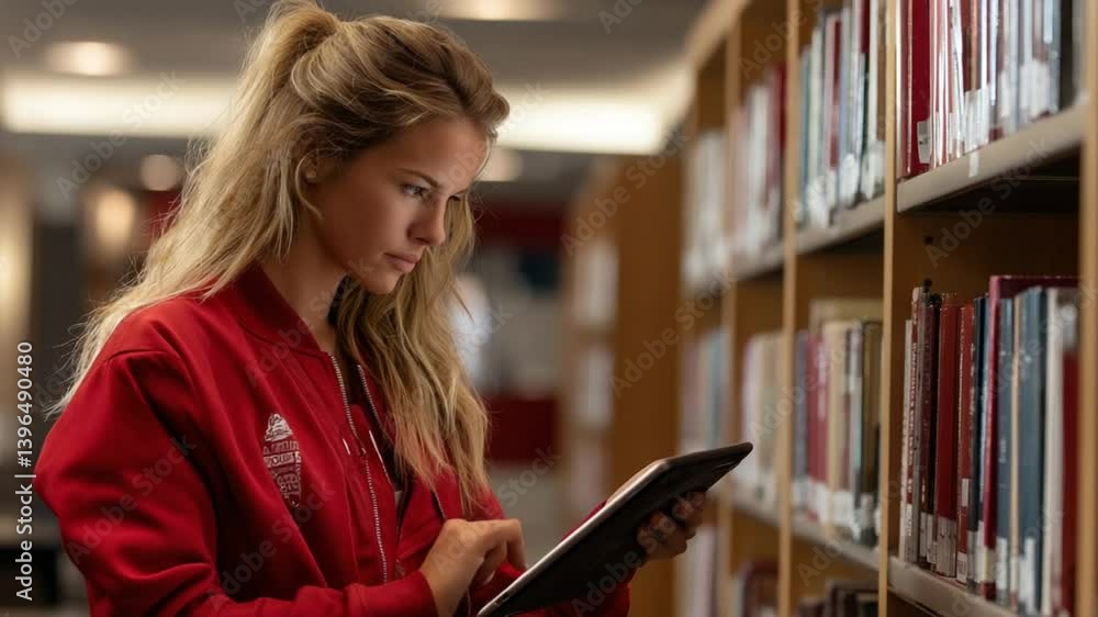 Poster female student studying in library with tablet during evening hours generative ai