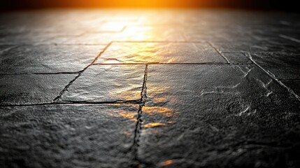 Obraz premium Stone tile floor reflects light with cracks and texture in low angle view