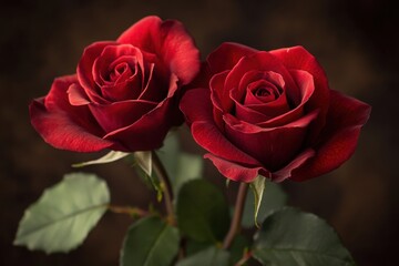 Fototapeta premium Two red roses in bloom against a dark backdrop showcase elegance and natural beauty