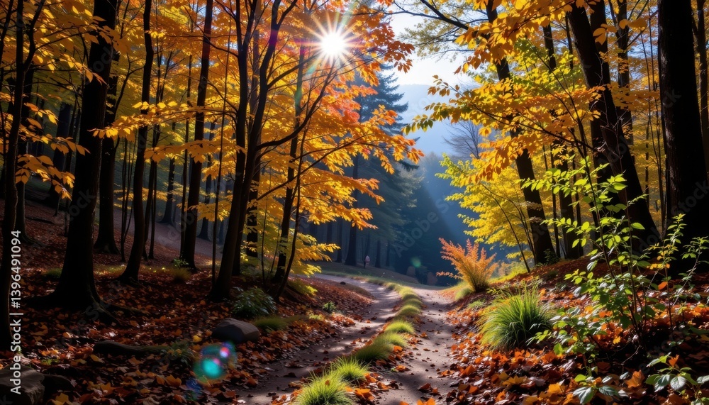 Aufkleber sunlit forest path a beautiful forest path illuminated by the sunlight filtering through leaves in v