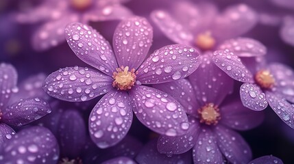 Charming floral arrangement of purple flowers glistening with fresh raindrops