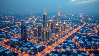 Fototapeta premium Futuristic Cityscape at Night Illuminated Skyscrapers and Roads Modern Urban Development