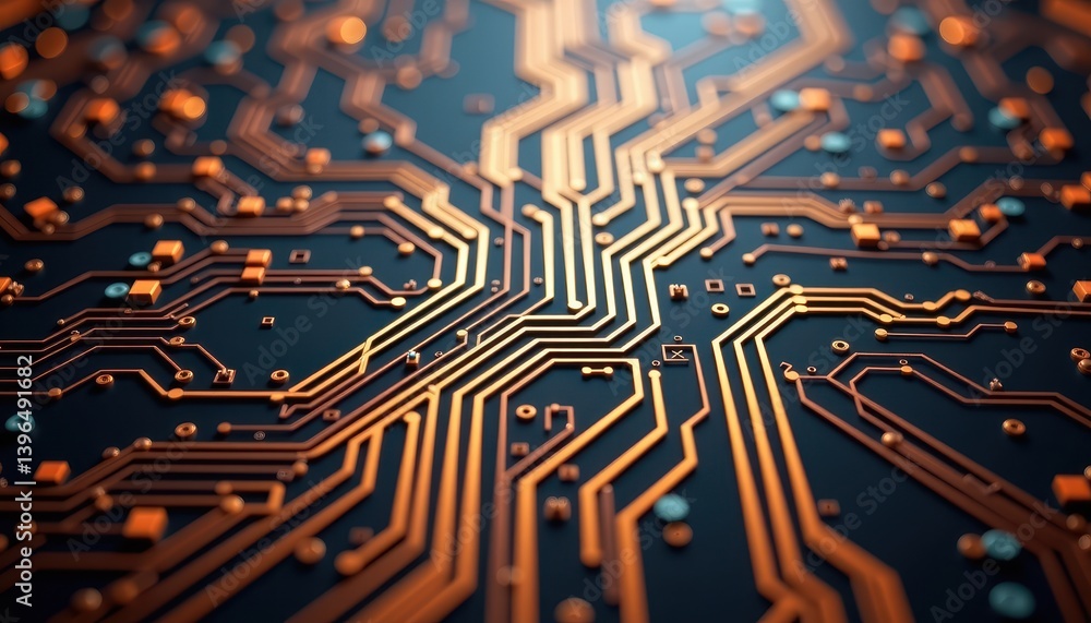 Poster close up detailed view of a circuit board's intricate network of copper traces and electronic compon