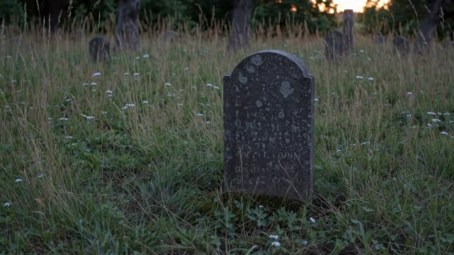 A low-angle video shot of an old, weathered gravestone in a grassy, overgrown cemetery at sunset, evoking a somber, historical atmosphere.