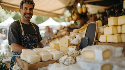 A happy cheese monger stands proudly behind his display of various cheeses at a bustling farmer's market. Smiling Cheese monger at a Farmer's Market
