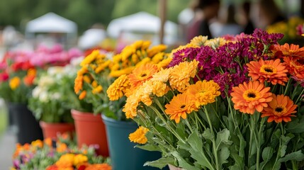 Fototapeta premium Close-up view of a beautiful flower display at a market. Showcases gerbera daisies, chrysanthemums, and other vibrant blooms in various colors. Vibrant Blooms A Colorful Array of Flowers in Full Bloom
