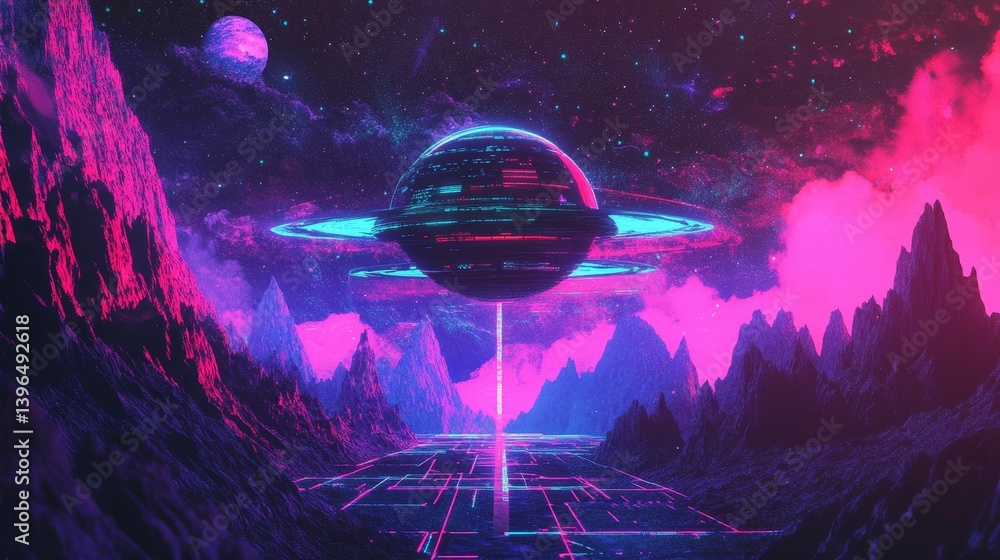 Poster futuristic landscape with a planet or object floating above a stylized terrain.