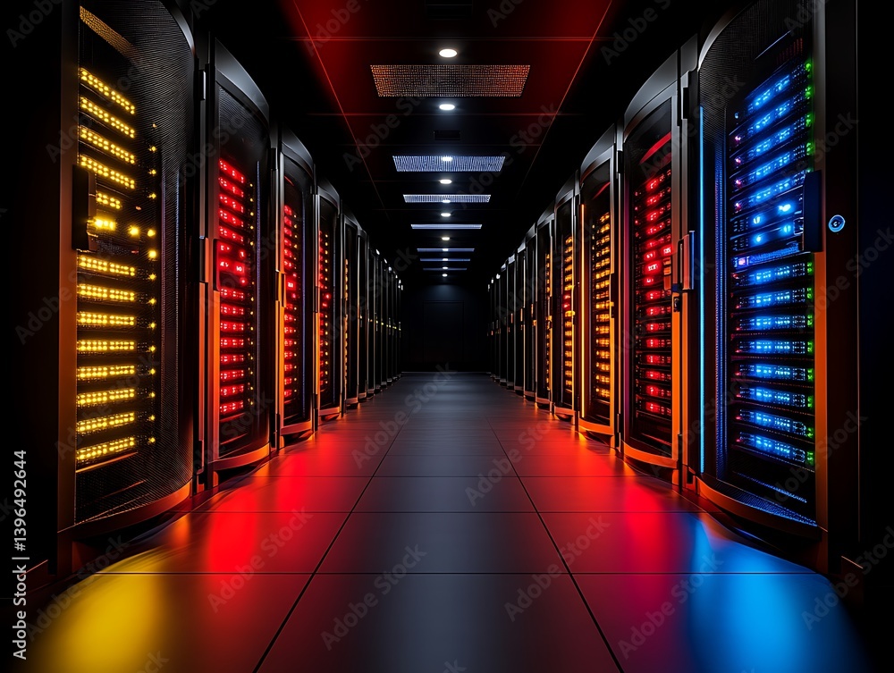Poster illuminated server room corridor: a visual representation of a server room corridor, with glowing se
