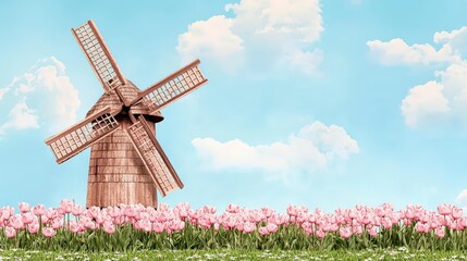 Windmill Surrounded by Pink Tulips Under Bright Blue Sky with Fluffy Clouds in a Picturesque Landscape