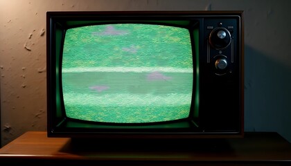 Retro television with static green screen - vintage nostalgia