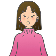 正面を向いた女性の「へぇー」という表情のイラスト	