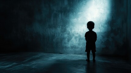 Obraz premium Boy Silhouette Standing in Dark Room with Spotlight Against Wall