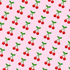 Seamless pattern with red cherries isolated on a white background.