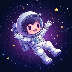 Joyful chibi style astronaut floating in space digital art cosmic environment whimsical concept