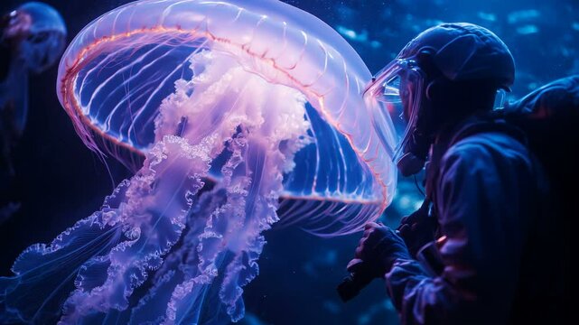 A diver explores the oceans mysteries and unexpectedly encounters a mesmerizing bioluminescent jellyfish