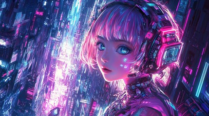 An anime-style portrait depicts a futuristic cyberpunk girl with vibrant pink hair and glowing blue eyes, wearing headphones amidst a complex, neon-lit technological background.