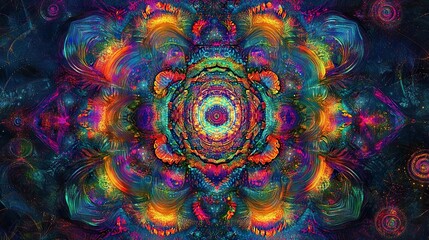 An intricate, symmetrical mandala unfolds with vibrant psychedelic colors and complex fractal patterns, creating a mesmerizing, kaleidoscopic spiritual artwork.