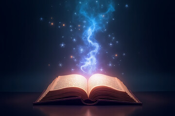 Enchanted book unveiling mystical secrets fantasy realm digital art dark environment close-up