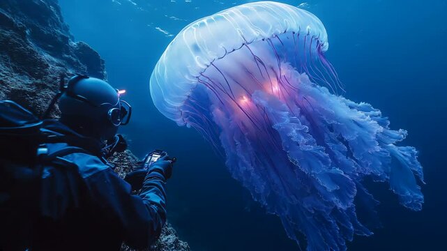 A skilled diver captures a breathtaking and stunning jellyfish encounter while exploring the underwater world