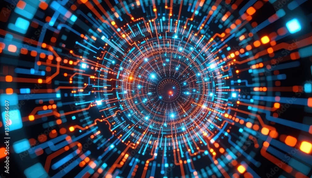 Poster abstract digital technology background with glowing circuit board tunnel design featuring vibrant or