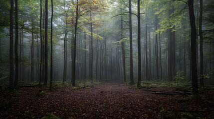 Fototapeta premium forest, trees, tree, fog, autumn, nature, mist, landscape, sun, light, misty, woods, path, wood, green, woodland, foggy, sunlight, morning, leaves, foliage, trail, fall, summer, pine