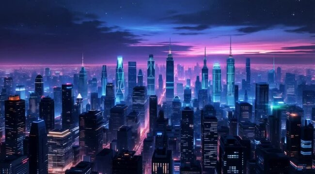 Futuristic city skyline at twilight. Aerial view of illuminated skyscrapers. Possible use in promotional material for a city