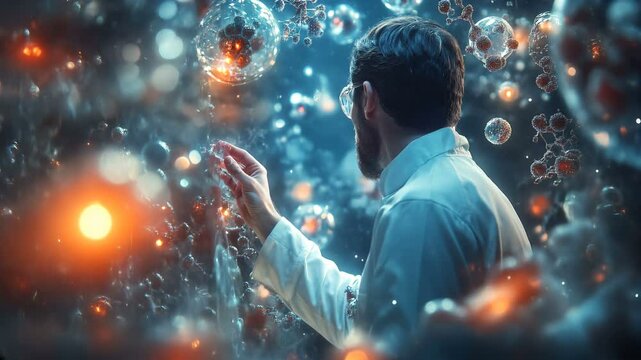 A Scientist Immersed in a Dreamy Atmosphere Surrounded by Intricate Molecular Structures That Inspire Creativity