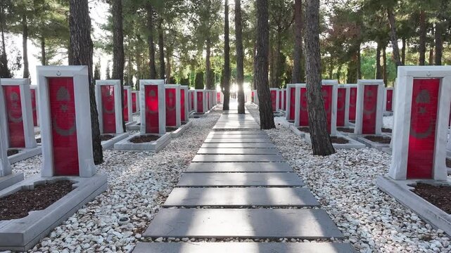 Turkish Flag (Turk Bayragi) and Martyrs' Memorial Drone Video, Canakkale Martyrs' Cemetery Seddülbahir, Canakkale Türkiye (Turkey)