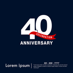 40th years anniversary celebration emblem. elegant anniversary logo isolated with red ribbon on dark blue background. vector illustration template design for web, flyers, poster, invitation card