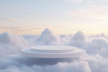 Minimal 3D white podium floating above soft white clouds at sunrise, ideal for product display or text overlay.