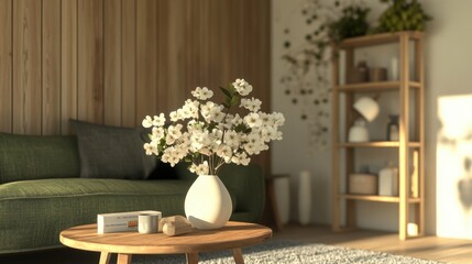 Cozy living room with a green velvet sofa, wooden accents, and a delicate floral arrangement on a round table. Warm, inviting light