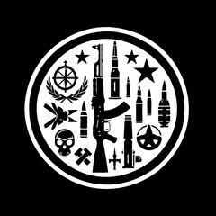 Fototapeta premium Military Symbols and Weapons in Graphic Style on Black Background 