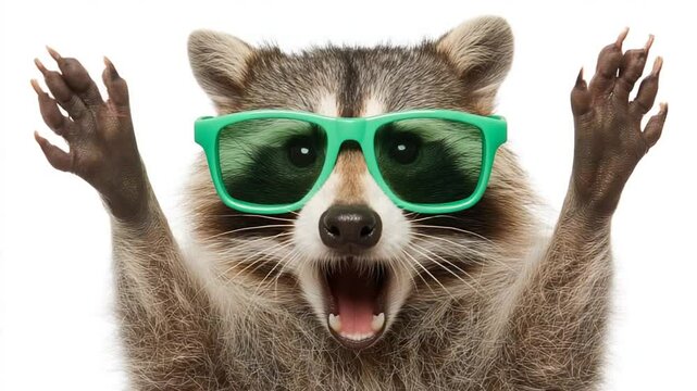 Funny Raccoon in Green Sunglasses Showing Rock Gesture Generative AI