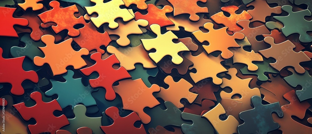 Poster colorful puzzle pieces scattered randomly creating a vibrant and abstract pattern.