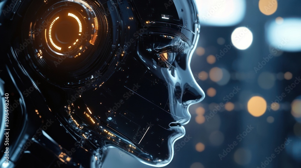 Poster futuristic humanoid robot side profile with glowing interface and intricate detail