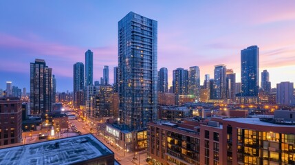 Modern Cityscape at Twilight with Snow Covered Streets