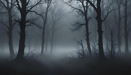 Obraz premium A misty forest filled with bare trees in a dark and mysterious woodland setting.