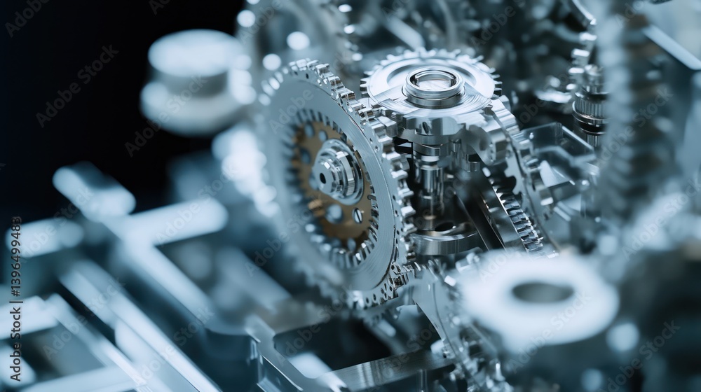 Poster intricate mechanics, a close-up view highlighting the complexity of interconnected gears