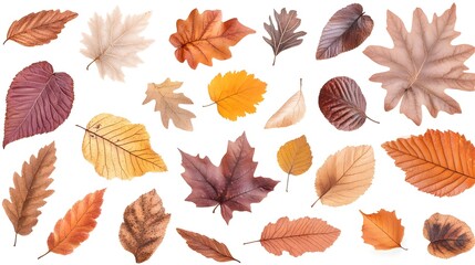 Obraz premium Various Brown and Beige Autumn Leaves Isolated on White Background