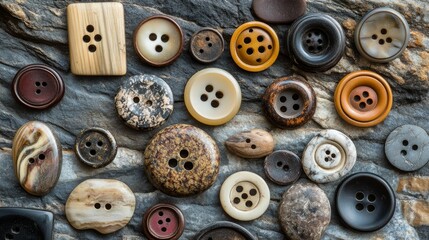 Fototapeta premium Assortment of various buttons displayed on a textured stone surface.
