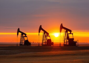 Silhouettes of oil pumpjacks at sunset, reflecting industrial beauty and energy production in a serene landscape.
