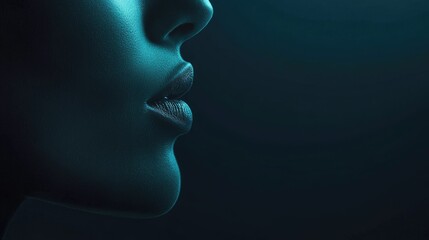 Obraz premium Close Up of Woman Face Profile in Dark Blue Lighting Studio