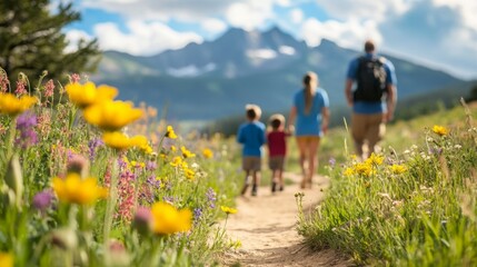 Fototapeta premium Family hike through vibrant wildflowers, mountains in the background.