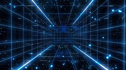 Obraz premium Futuristic wireframe mesh background blue holographic grids and dynamic light particles perfect for blockchain tech interfaces and cybersecurity visuals