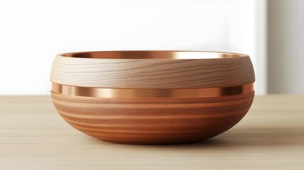 Elegant Wooden Bowl with Copper Detail on a Simple White Background