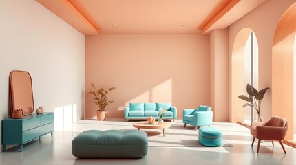 Fototapeta premium A sun-drenched living room with pastel tones and stylish furnishings.