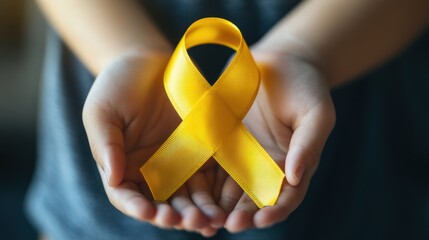Close-up of child's hands gently holding golden ribbon for cancer awareness
