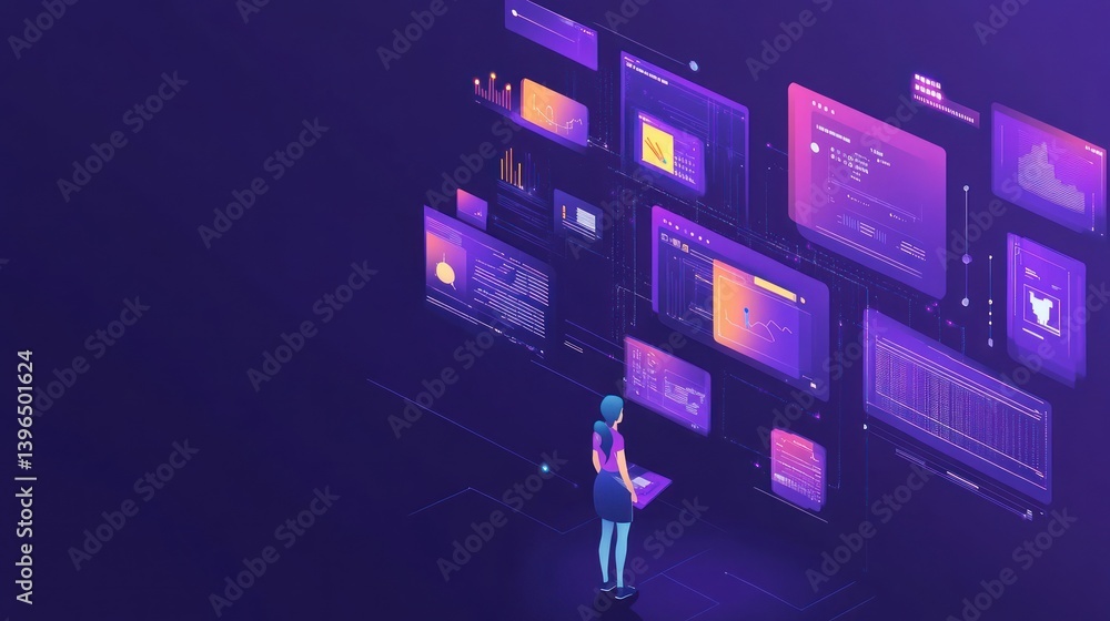 Poster woman interacting with futuristic interface, navigating data visualizations with interactive technol