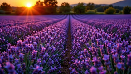 Fototapeta premium Lavender Fields at Dusk Endless rows of lavender beneath a glowing sunset, filling the scene with calming purples and gentle light.